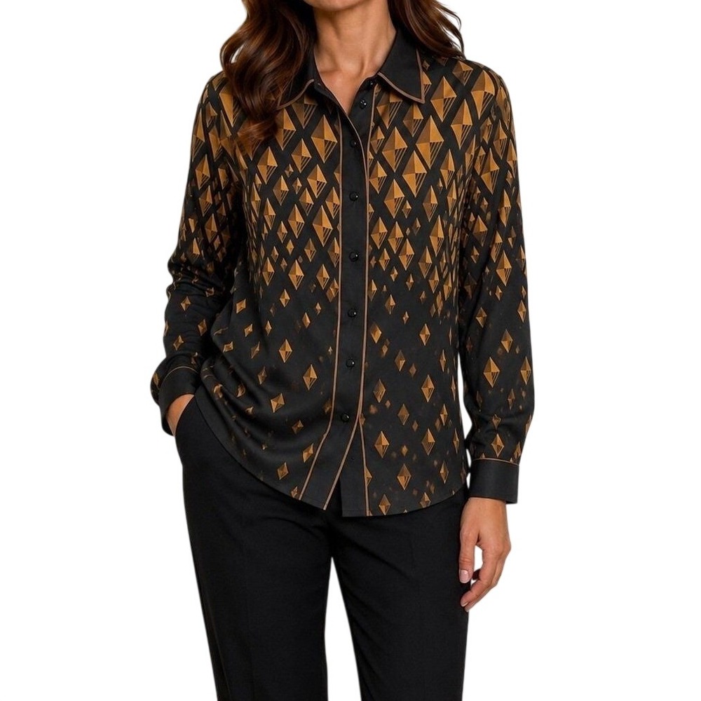 VTG Bob Mackie Silk Wearable Art Blouse Black Brown  Button Up Medium